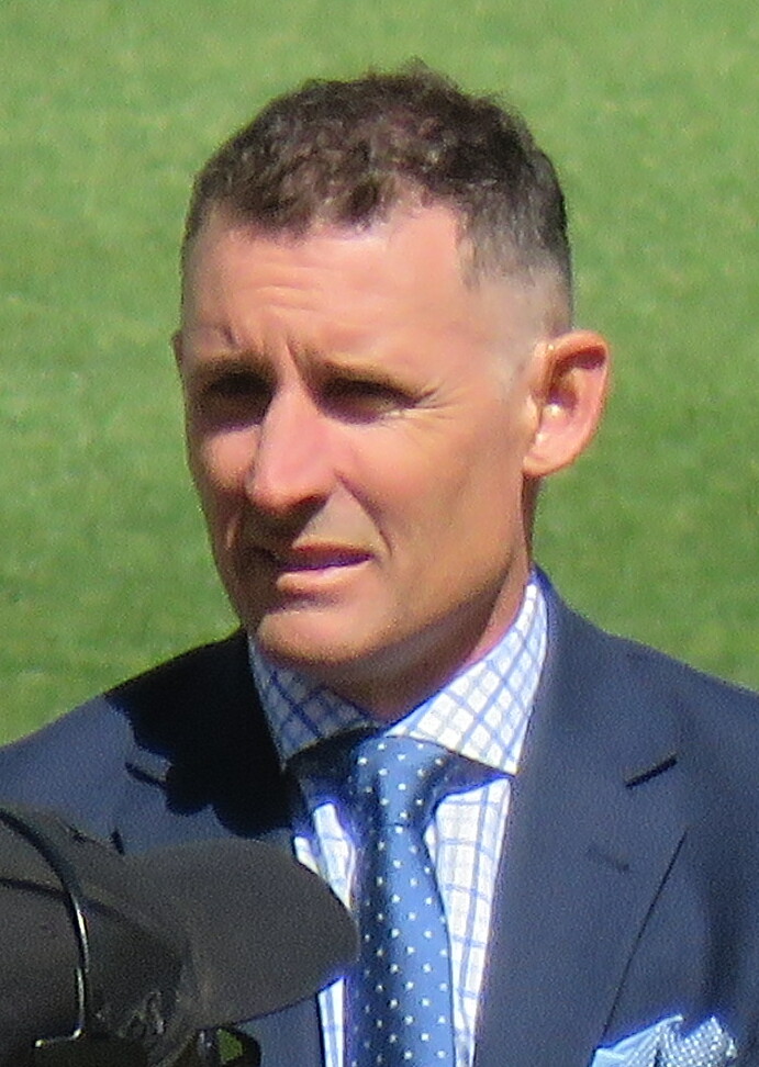 Michael Hussey at Perth Stadium as a Fox Cricket presenter, 2 December 2022